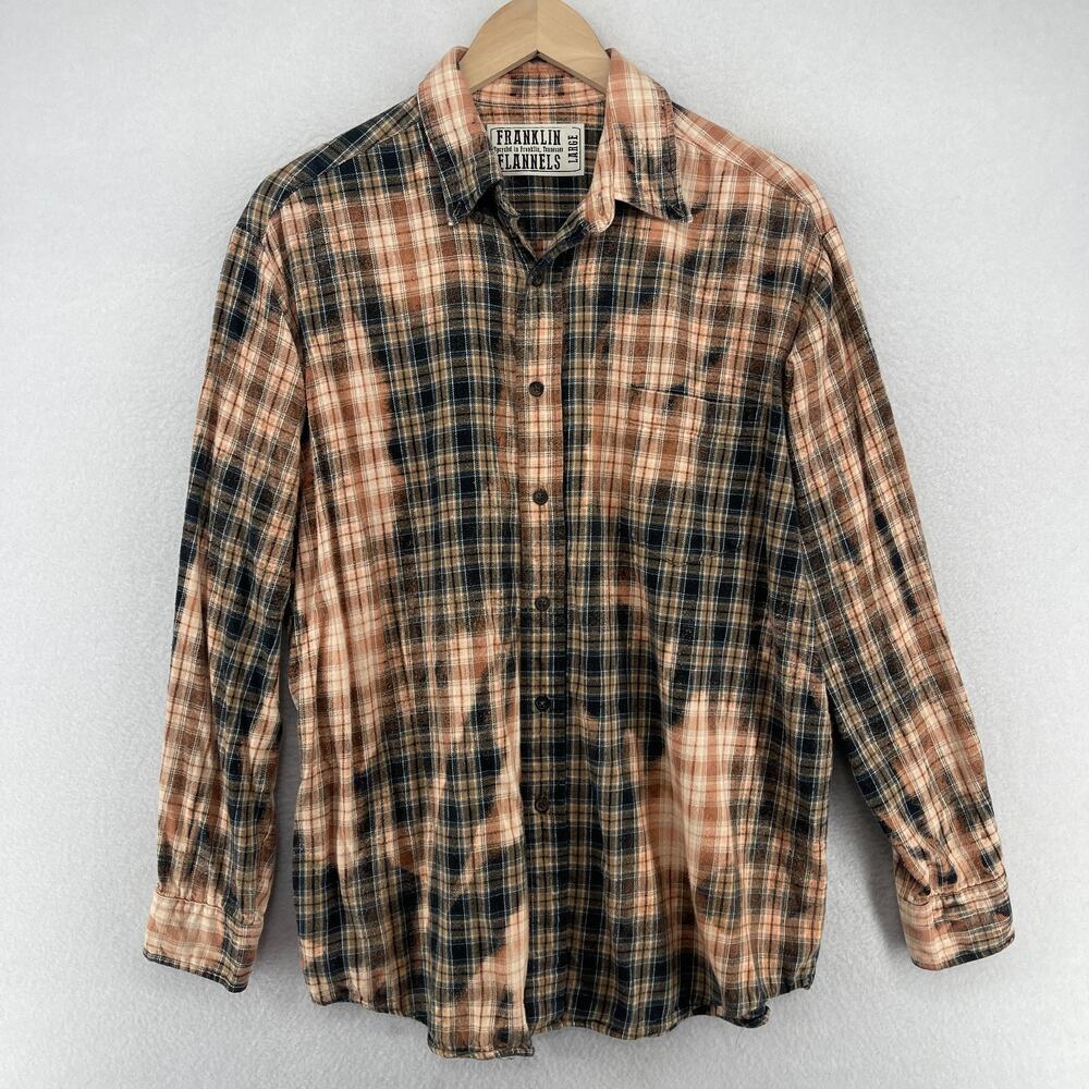 FRANKLIN Shirt Mens L Flannels Upcycled Bleach Plaid Button Up Gray